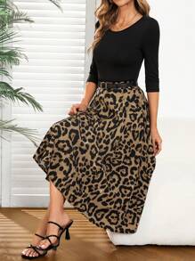 EMERY ROSE 2pcs/Set Women Solid Color Round Neck 3/4 Sleeve T-Shirt & Leopard Print Mini Skirt - Multicolor - View 3