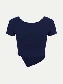 SHEIN Girlism Teen Girl Square Neck Drawstring Asymmetric Waistline Elegant Short Sleeve T-Shirt - Navy Blue - View 2