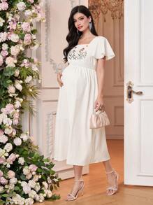 SHEIN 孕妇花卉印花方领荷叶边袖优雅连衣裙 - 白色 - 查看 6