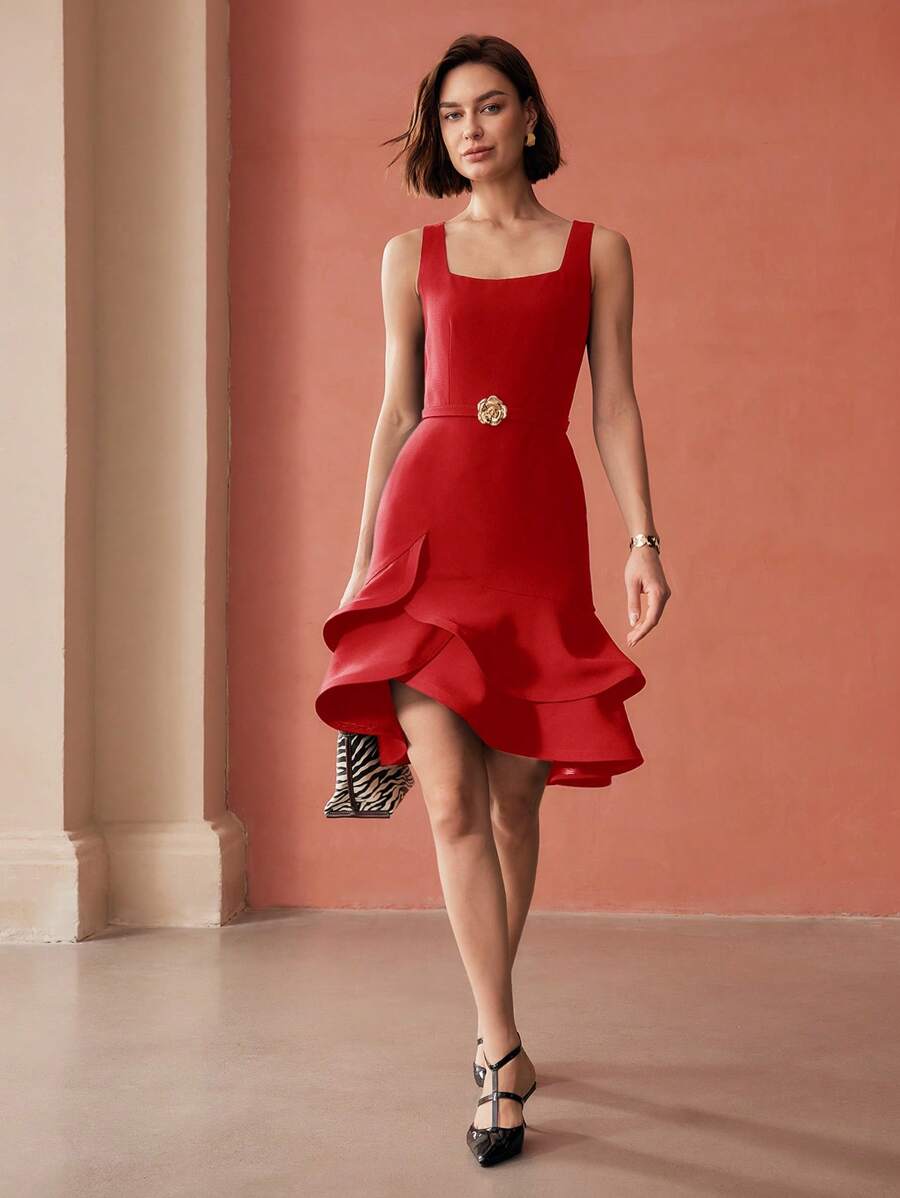 MOTF PREMIUM Vestido midi con cinturón, volantes y estampado floral - Rojo - Ver 1