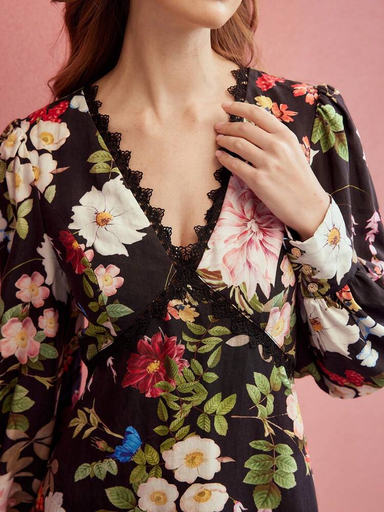 CONTRAST LACE FLORAL PRINT DRESS,SPRING/SUMMER