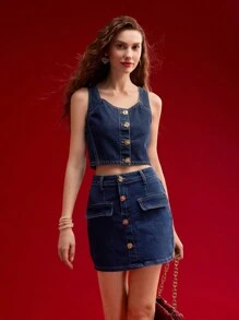 MOTF PREMIUM FLORAL BUTTON FRONT CROP DENIM TOP,SPRING/SUMMER - Navy Blue - View 6