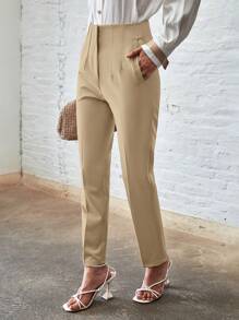 SHEIN BIZwear Women's Solid Color Pocket Simplicity Casual Long Pants - Khaki - View 6