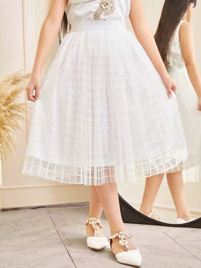 SHEIN Tween Girl 优雅度假高腰格子网眼裙（带衬里）