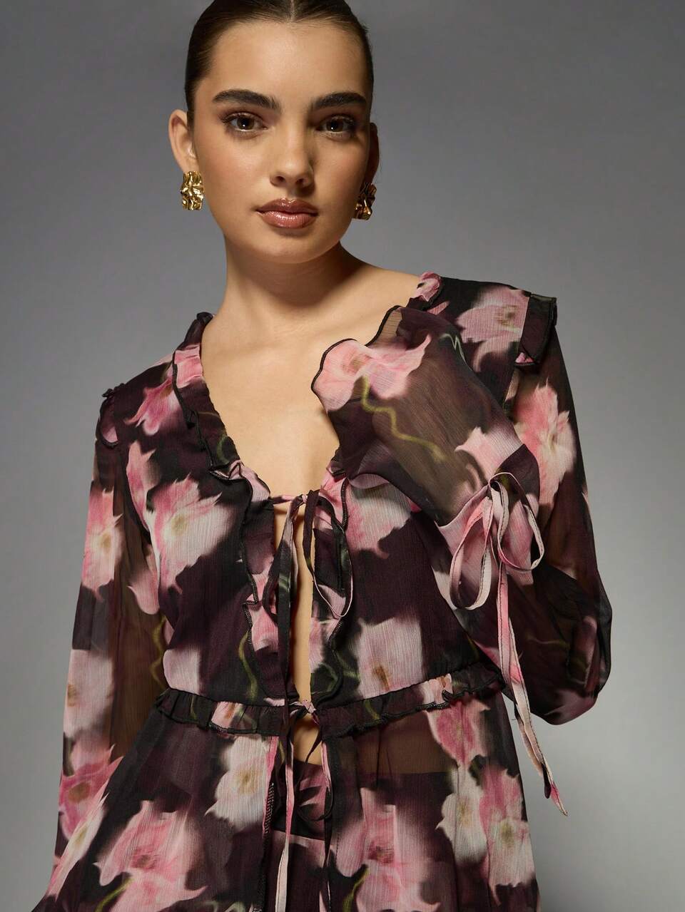 MISSGUIDED Floral Print Ruffle Trim Chiffon Two-Piece Mini Dress Set