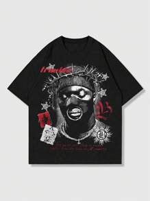 ROMWE MEN Street Life 男式休闲口号图案印花短袖 T 恤 - 黑色 - 查看 1