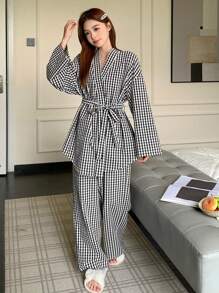 DAZY Conjunto de top de cuello de chaqueta de tartán y pantalones de pijama rectos holgados