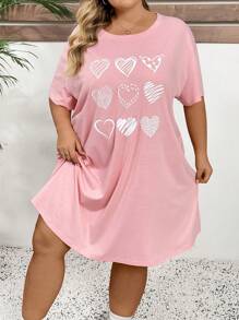 SHEIN CURVE+ Plus Size Summer Heart Print Knitted Elastic A-Line Dress - Dusty Pink - View 6