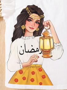 SHEIN Camiseta ajustada de cuello redondo con gráfico bonito de niña de color liso para niña joven