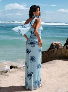 Opulessa Women's Long Knit Mesh Printed Bodycon Dress - Blue - View 2