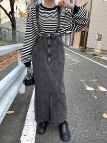 FRIFUL 女士灰色直筒牛仔连身裤工装裤连衣裙，春季 - 灰色 - 查看 2