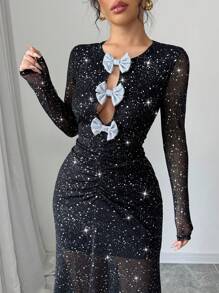 SHEIN Unity Women's Elegant Round Neck Front Open Bowknot Bodycon Mesh Long Sleeve Sexy Dress, Suitable For Dates, Parties, Nightclubs, Sparkling - Black - View 4