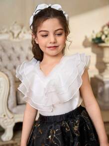 SHEIN 2pcs Set Young Girl Elegant Solid Color Ruffle Mesh Patchwork Blouse And Butterfly Jacquard A-Line Skirt - Multicolor - View 6