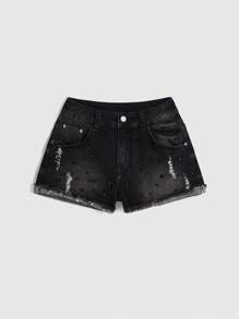 Grunge Punk Y2K风格做旧水洗低腰超短牛仔短裤，女款，夏季，街头风 - 黑色 - 查看 1