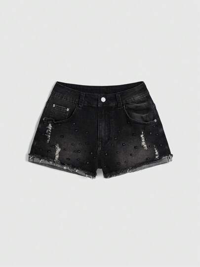 Grunge Punk شورت جينز نسائي منخفض الخصر بغسل مشوَّه بأسلوب Y2K فائق القصر