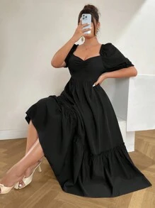 Celure Váy chữ A tay bồng bèo nhún cúp ngực màu trơn cỡ lớn cho nữ, mùa xuân/hè - màu đen - Xem 4