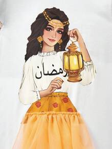 SHEIN Tween Girl Ramadan Casual Cute Girl Print Layered Mesh Cap Sleeve Loose Dress, Versatile For Everyday Wear - Pink - View 6