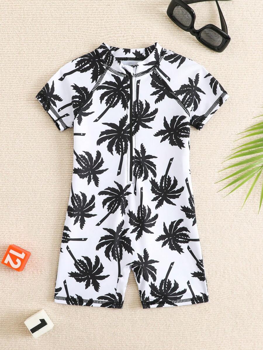 SHEIN Traje de baño de una pieza con estampado de árbol de coco para bebé niño - Blanco y Negro - Ver 1