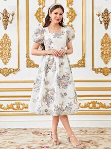 SHEIN 优雅花卉提花泡泡袖中长连衣裙，方形领口，适合少女的度假复古风格 - 白色 - 查看 7