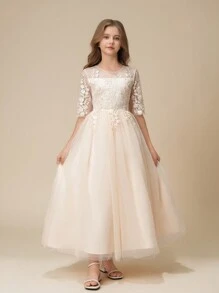 女童新款花卉印花花童裙，高端奢华小品牌公主裙，儿童舞台表演钢琴演奏裙 - 香檳色 - 查看 1