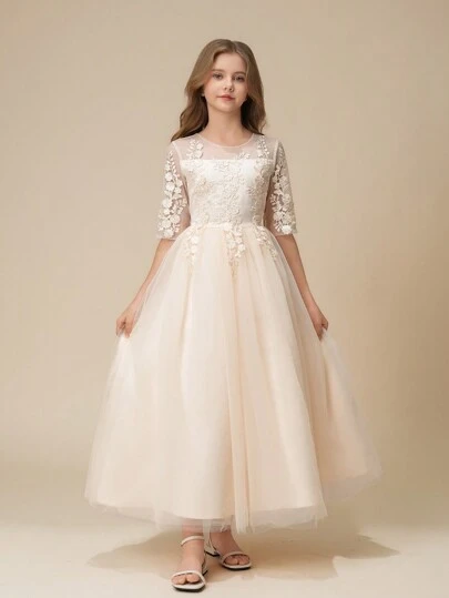 女童新款花卉印花花童裙，高端奢华小品牌公主裙，儿童舞台表演钢琴演奏裙