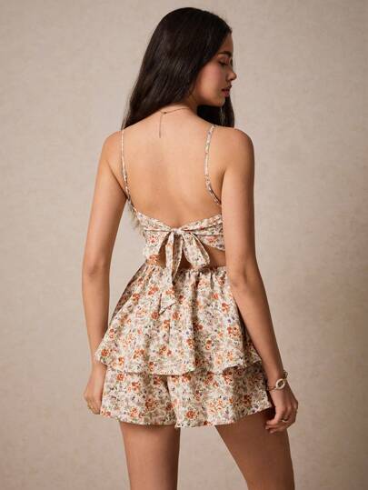 Poéselle Allover Floral Print Tie Backless Layered Hem Cami Romper Tea Party Attire Wedding Women Romperswomen Rompers Ruffle Skirt Rompers