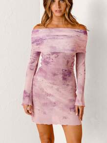 Aralina Vintage Tie-Dye Fold-Over Off-Shoulder Long Sleeve Mini Dress - Mauve Purple - View 4