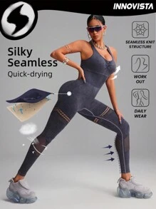 Innovista Women Activewear Seamless Tie Dye Criss Cross Sports Jumpsuit, Breathable Mesh & High Elastic Dry Fit Gym Jumpsuit. High Waist Tummy Control & Butt-Lifting Workout Outfits Cardio, Strength, Pilates, Outdoor, Hike, Camping, Trail, Yoga, Volleyball, Athleisure, Climbing, Music Festival, Party, Base Layer, Purple, Y2K Electric, Autumn, Valentine Utilitarian Chic , Striped Design - Purple - View 5