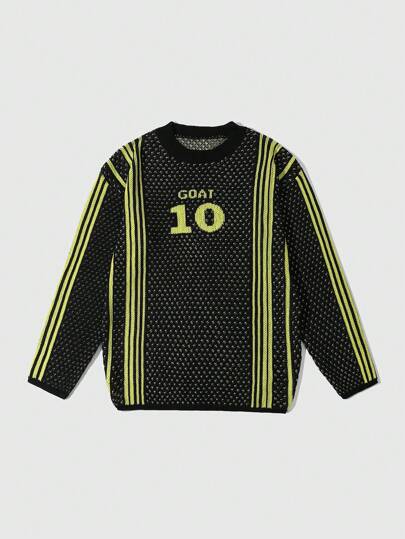 Prep كنزة صوفية محبوكة برسومات مخطط وأرقام طويلة الأكمام، طراز رياضي كرة قدم للرجال