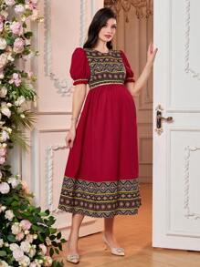 SHEIN Maternity Geometric Print Puff Sleeve Patchwork Dress - Red - View 4