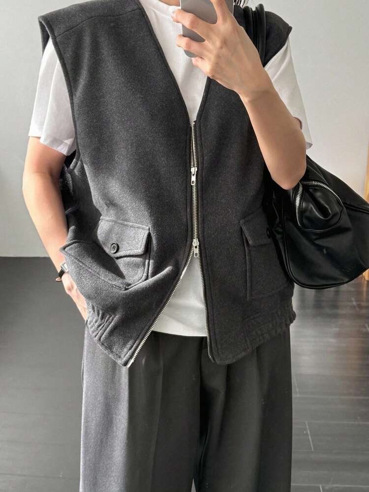 Oversized Pockets Casual Minimalist Short Jacket For Women, Fall Clothes Business Casual Woman Work Clothes Vest