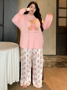 Dazy Plus 大码小熊图案印花宽松休闲睡衣套装，包含上衣和裤子，适合所有季节，秋冬季服装 - 粉色 - 查看 5
