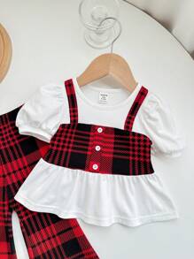 SHEIN Baby Girl Cute Summer Casual Knit 2 In 1 Plaid Patchwork Short Sleeve Top And Elastic Waist Plaid Flare Pants Set - Red - View 6