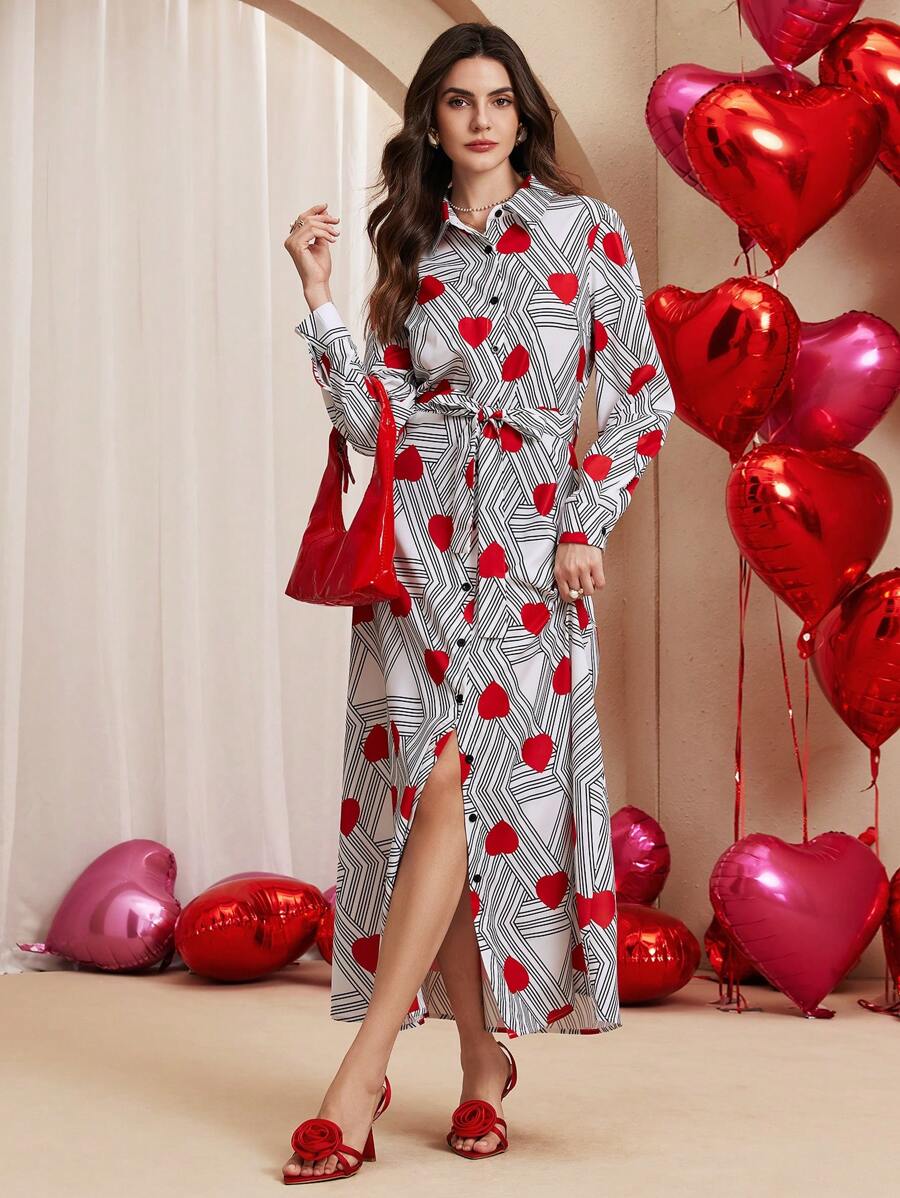 Chiquease Vestido Casual Manga Longa com Botões e Estampa de Coração na Frente para Mulheres - Branco - Visão 1