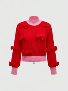 ROMWE Kawaii 3D Bow Dual-Tone Zipper Cardigan Sweater - Red - View 1