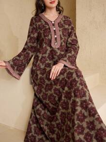 Al Najma Spring & Summer Women's Arabic Style Dress With Trumpet Sleeves, Collar And Sleeve Cuffs Pleated Ruffle,Modest - Multicolor - View 3