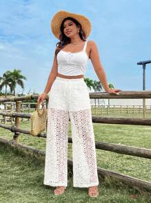 Breezaya Pantalon long blanc décontracté, ample et en dentelle crochetée pour femmes en surpoids. Convient pour les vacances et le port quotidien - Blanc - Voir 2