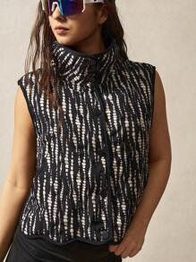 VARSITIE High Collar, Sleeveless, Black And White Tie-Dye Pattern, Asymmetric Hem Women Outdoor Jackets - Black - View 2