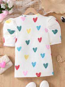 女孩彩色心形印花圆领泡泡袖超大可爱 T 恤，适合情人节