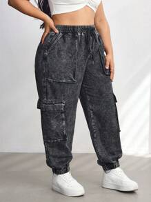 SHEIN CURVE+ Poket Bertali Depan Wanita Saiz Besar Seluar Jeans Kasual Mudah, Pakaian Wanita Musim Gugur - Hitam - Lihat 3