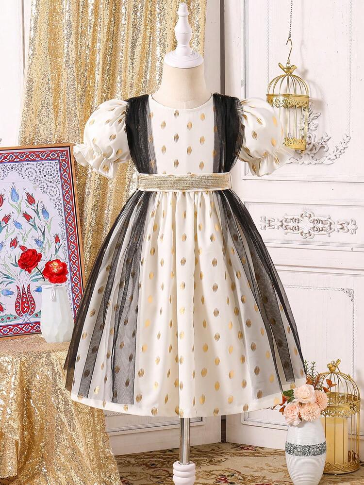 Young Girl Metallic Fabric Puff Sleeve Dress With Mesh Shawl Collar