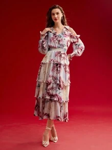 MOTF PREMIUM FLORAL PRINT RUFFLE LAYERED HEM DRESS,SPRING/SUMMER - Multicolor - View 7