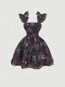 SHEIN MOD Robe femme asymétrique multicouche à imprimé floral noir, tenue de vacances femme, tenue d'été pour femme, vêtements occidentaux femme, tenue de campagne, tenue de vacances à la plage, Saint-Valentin, robe boho femme - Noir - Voir 1
