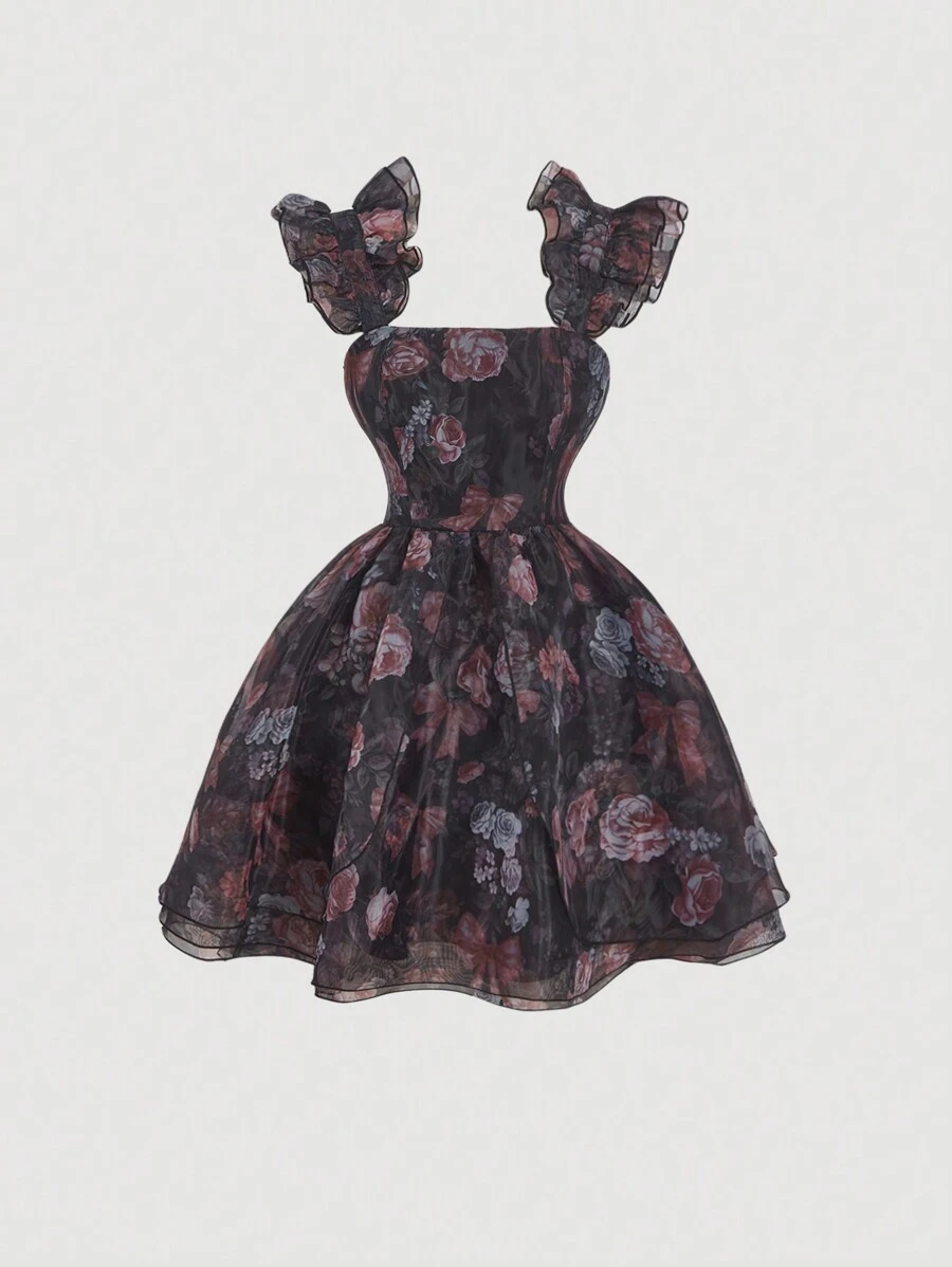 SHEIN MOD Robe femme asymétrique multicouche à imprimé floral noir, tenue de vacances femme, tenue d'été pour femme, vêtements occidentaux femme, tenue de campagne, tenue de vacances à la plage, Saint-Valentin, robe boho femme - Noir - Voir 1