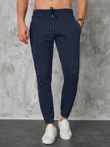 RueChic Men Striped Print Drawstring Waist Trousers - Black - View 4
