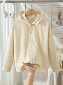 SHEIN Tween Boy' 长袖字母印花休闲连帽衬衫 - 杏色 - 查看 2