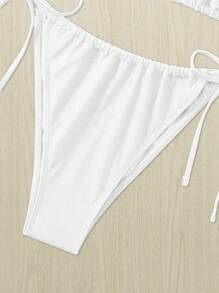 SHEIN Swim Curve 夏季 2 件套大码女式白色系带性感吊带短款上衣和下装休闲泳装套装 - 白色 - 查看 3