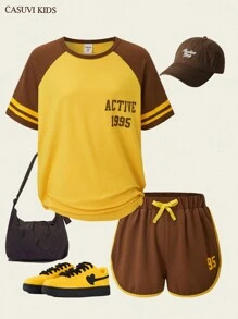 Explorewe 2pcs/Set Vintage Color-Blocked Girls Casual Sports Top And Shorts Set, Summer New Arrival - Mocha Brown - View 3