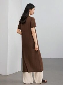 DAZY 女士商务休闲长款针织上衣，高开衩设计，简约纯色毛衣连衣裙，复古富贵风格连衣裙 - 棕色 - 查看 5