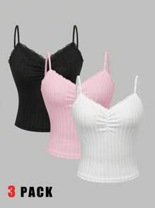 SHEIN LUNE Women's Solid Color Fuzzy Knit Ribbed Splice Lace Trim Shirring Slim Fit Camisole 3-Piece Set, Autumn/Winter